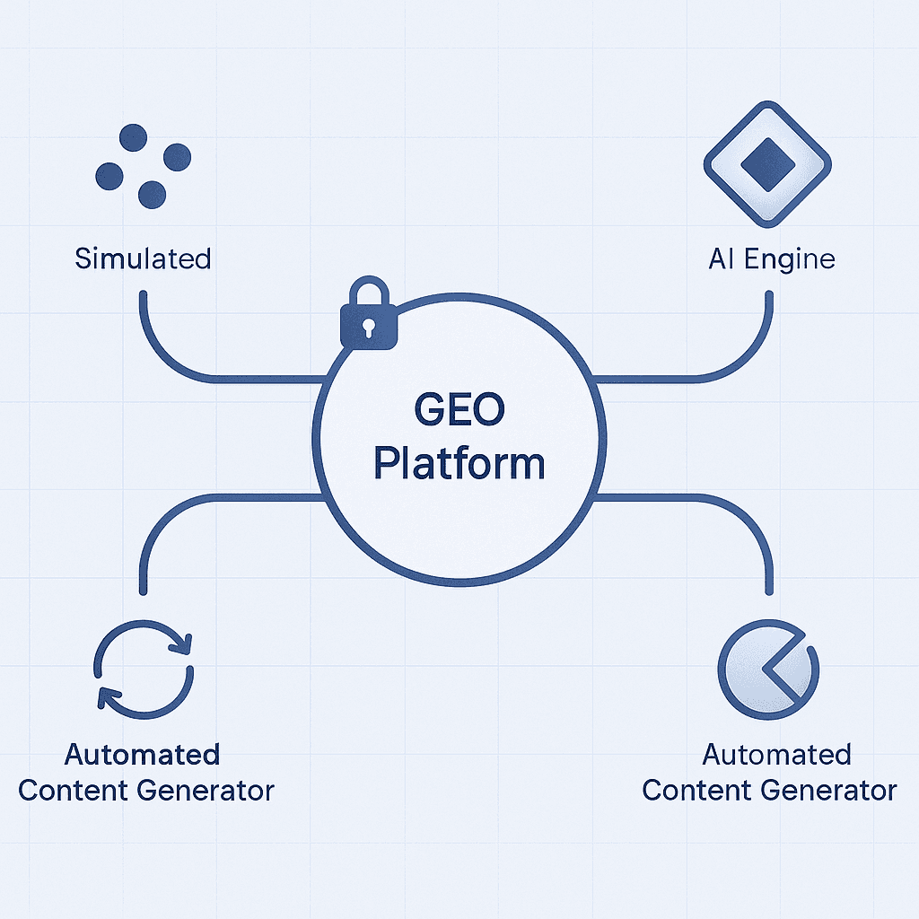 Flow diagram of a GEO platform connecting to AI engines, buyer questions, and automated content loop
