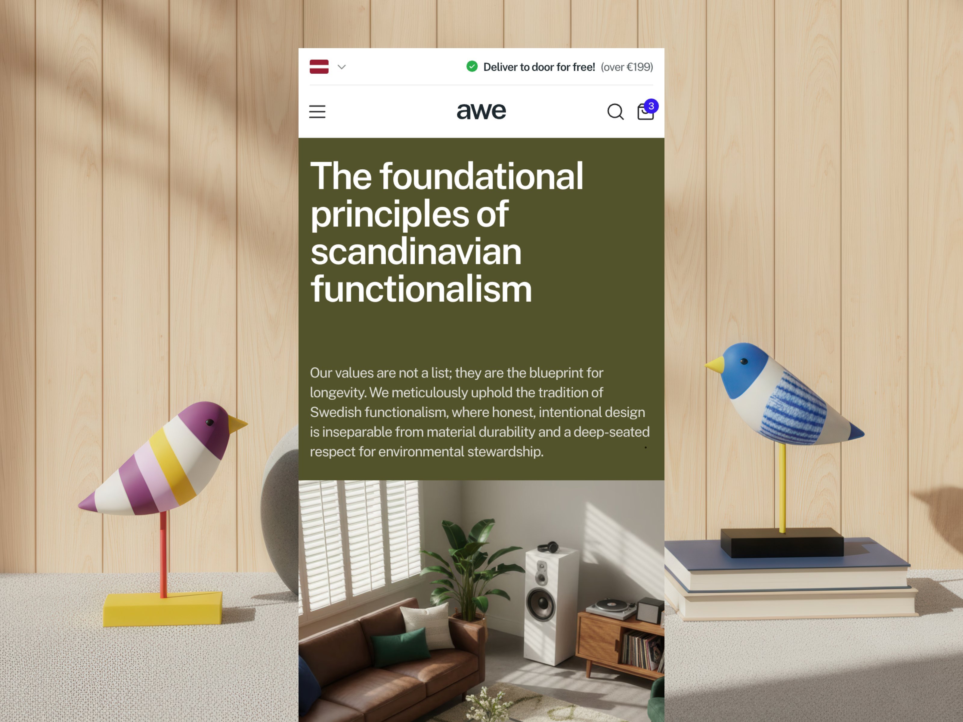 Awe website template about page with the headline "The foundational principles of Scandinavian functionalism" on a dark green background, surrounded by decorative 3D bird sculptures and furniture in a bright living room setting