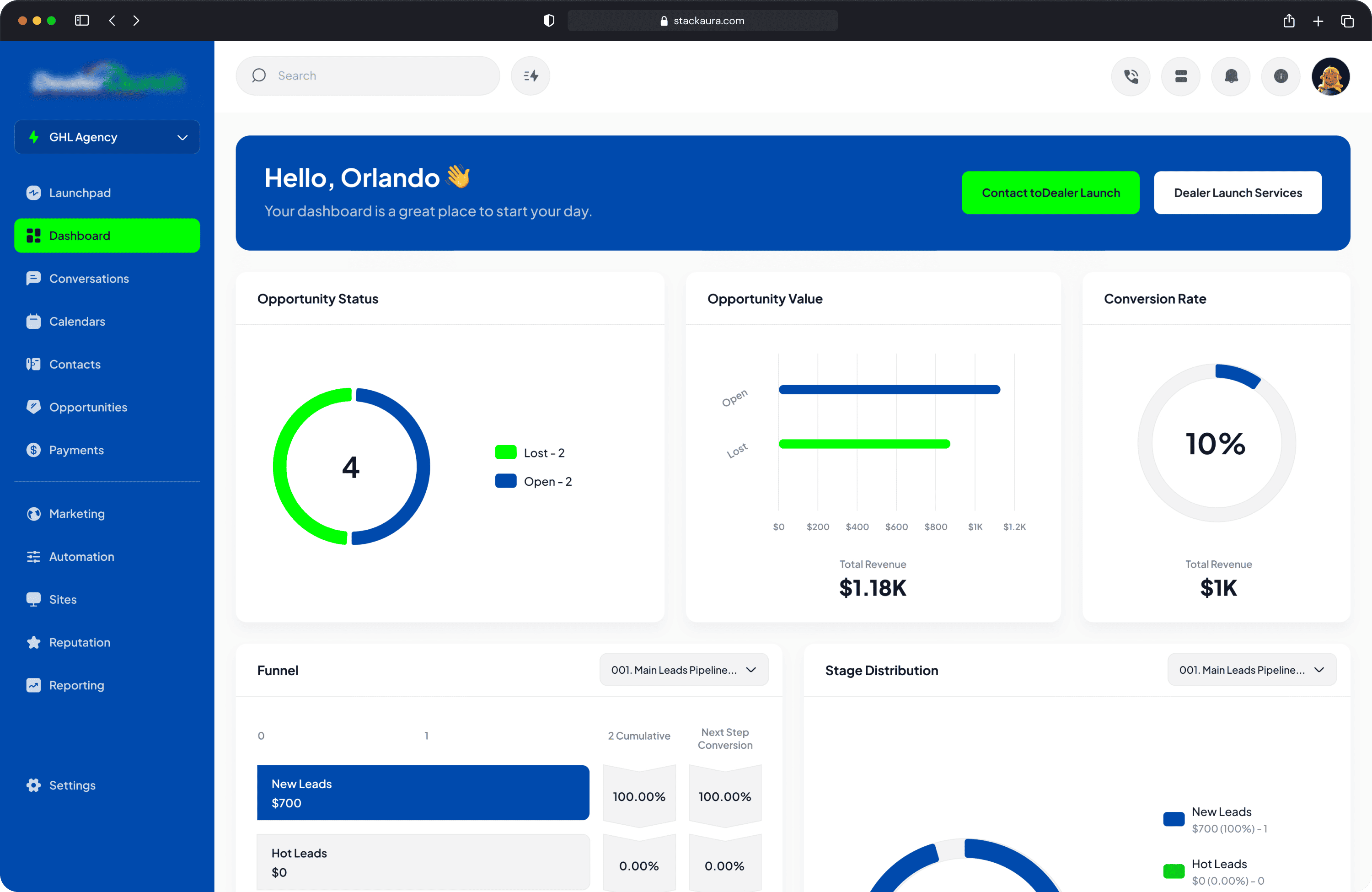 Blue branded GoHighLevel dashboard customization with custom CSS and CRM pipeline widgets | StackAura