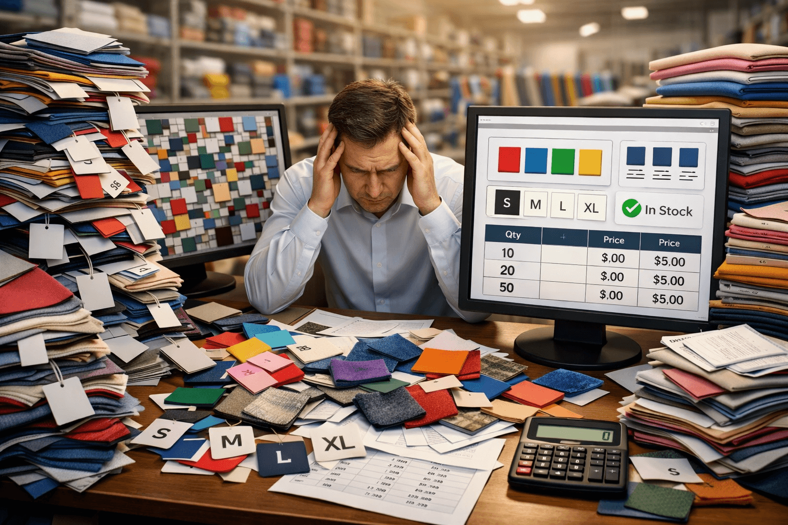 Homem em ambiente corporativo cercado por pilhas desorganizadas de amostras têxteis e etiquetas, com expressão de sobrecarga, enquanto ao lado uma tela exibe um catálogo digital organizado com variações de cor, tamanho e preços estruturados.