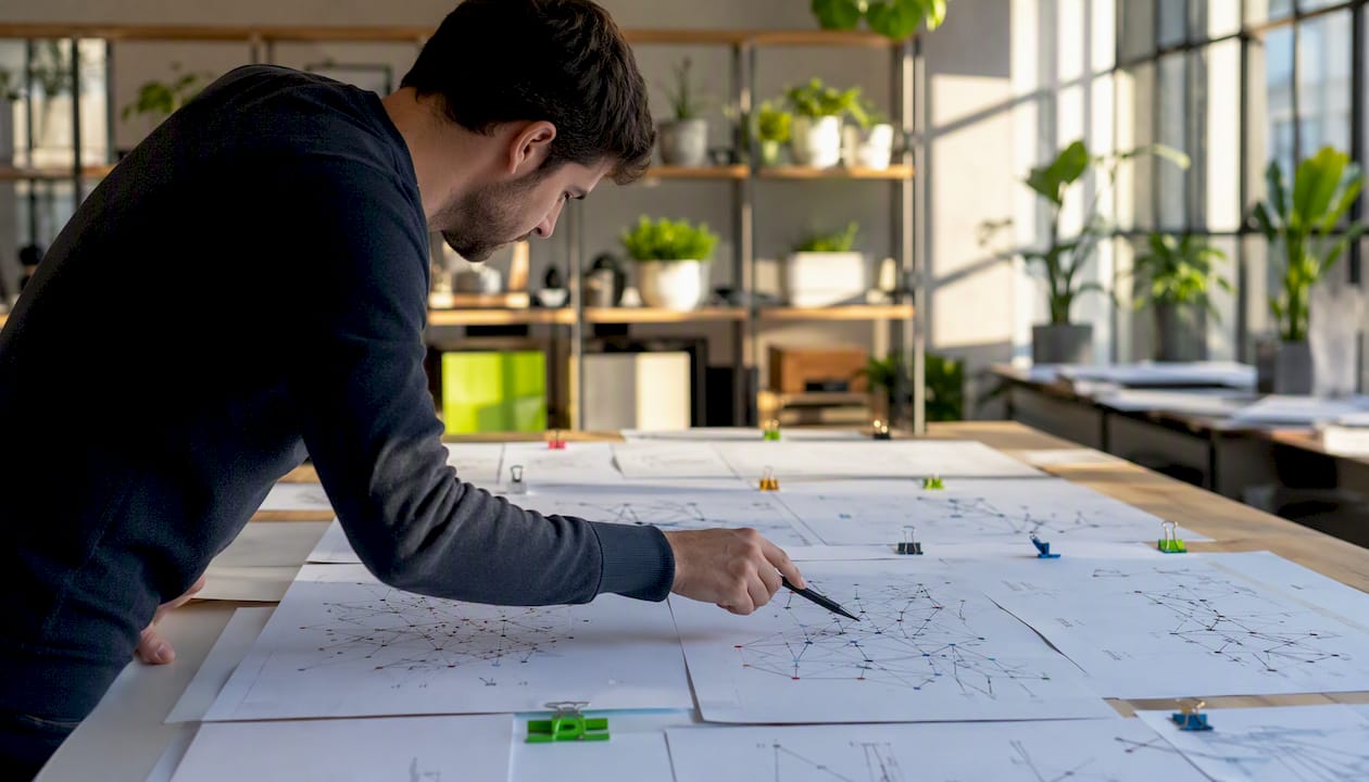 Person pointing at marketing attribution network diagram