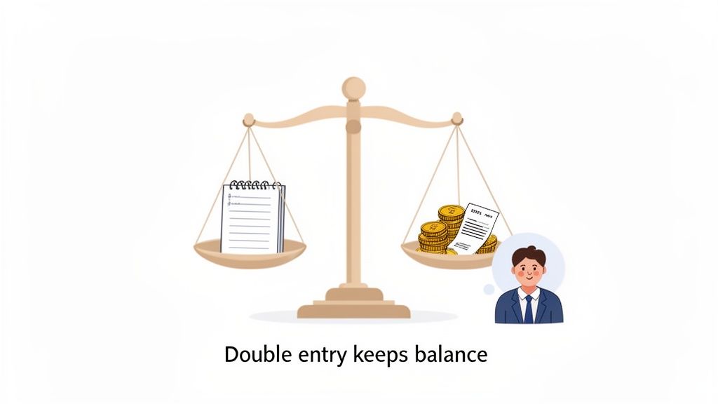 A balance scale with ledgers on one side and money with documents on the other, illustrating double entry bookkeeping.