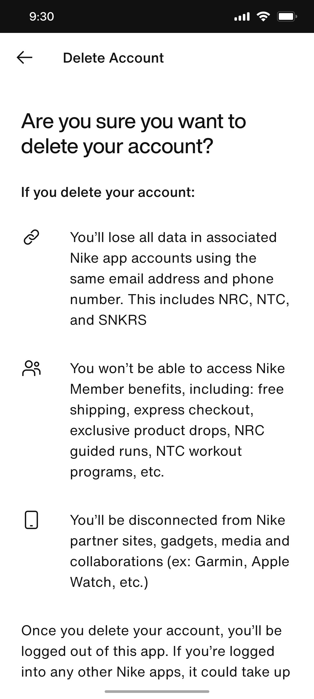 Nike App Delete Accont Screen