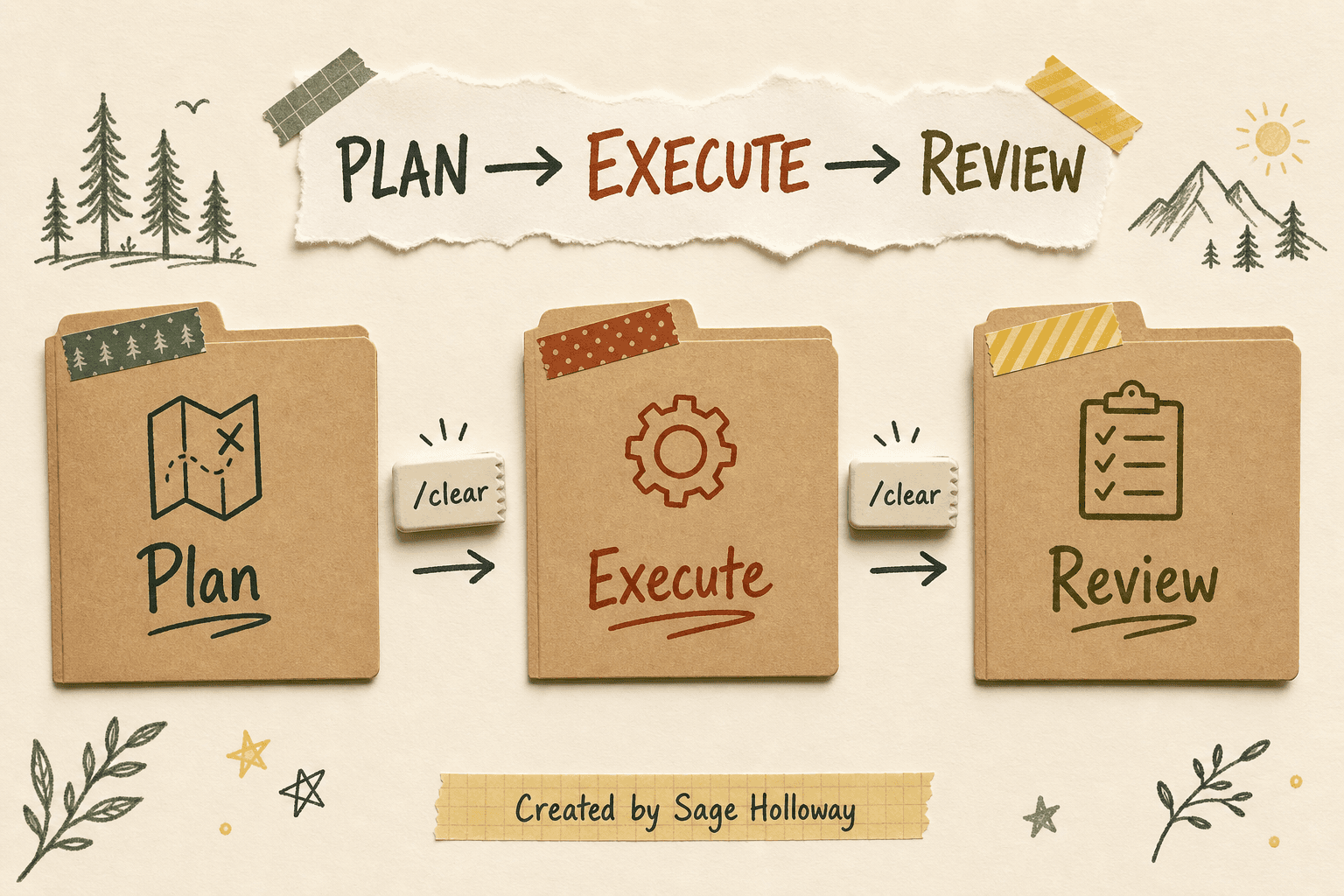 Scrapbook diagram of GSD Plan, Execute, and Review phases for Claude Code sequential workflow