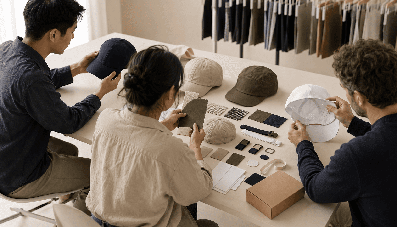 Blank cap samples, fabrics, components and packaging being reviewed during a conceptual headwear sampling and product-development process.