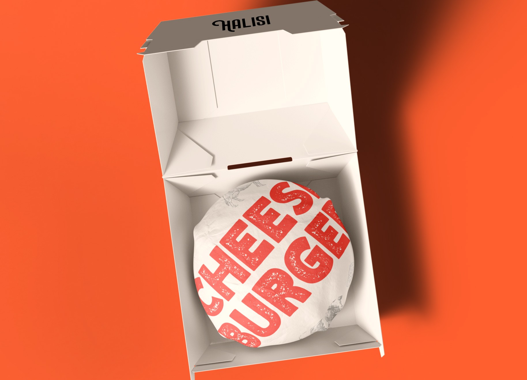 A top down shot of a Halisi burger box package, with an orange backdrop