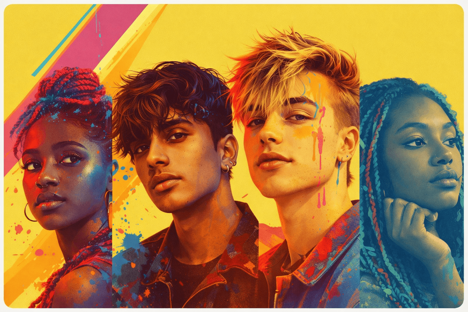 This vibrant image features four diverse individuals against a colorful, abstract background, each uniquely painted with vivid splashes of color, showcasing a blend of contemporary art and fashion by Optima Quality Solutions.
