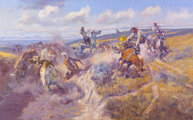 A painting of a group of horses and their riders rounding up some cattle