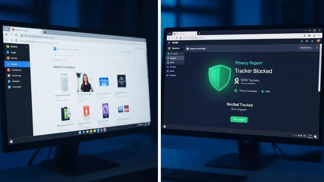 Comparison of standard and privacy-focused browser interfaces highlighting their features