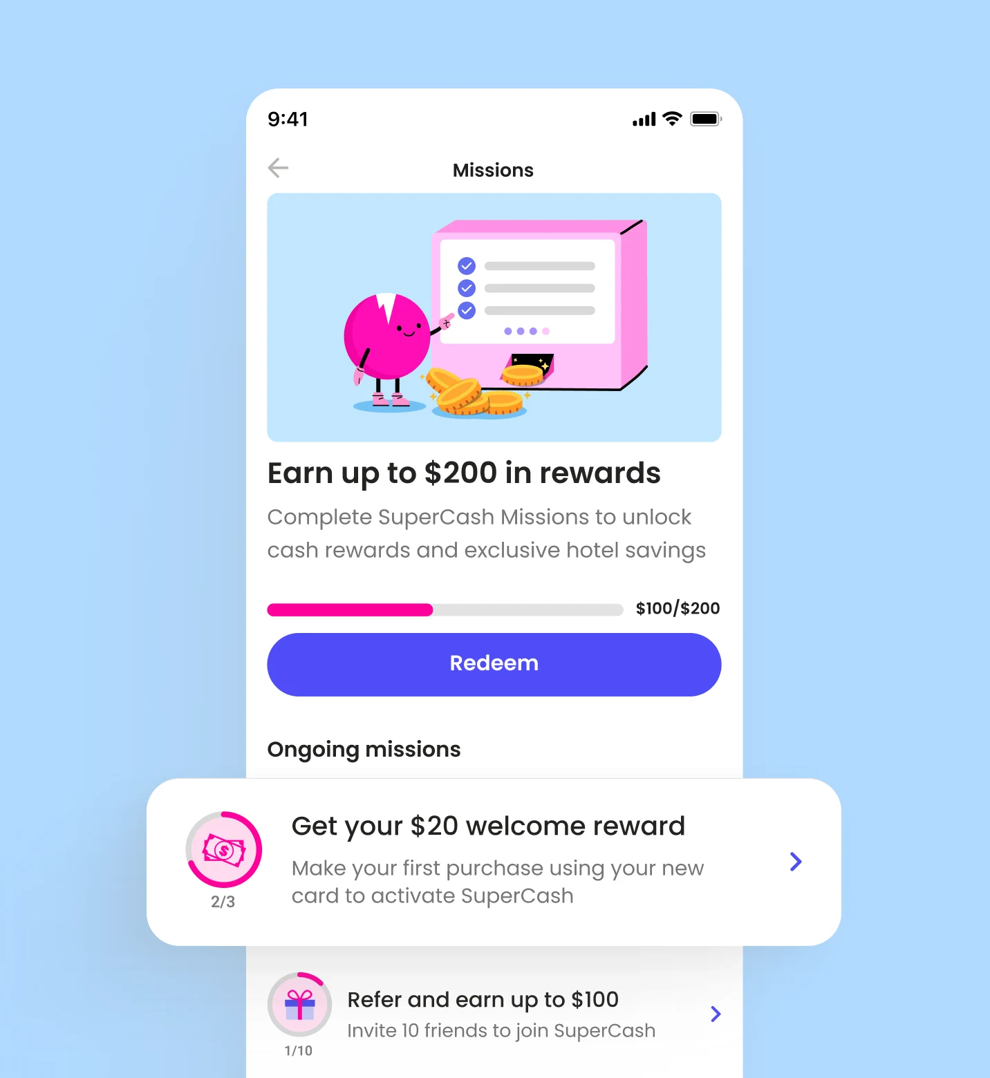 Product design mockup of Super.com’s new Missions system showing task-based rewards, progress tracking, and referral milestones, highlighting Yanick’s redesign that made rewards clear and motivating