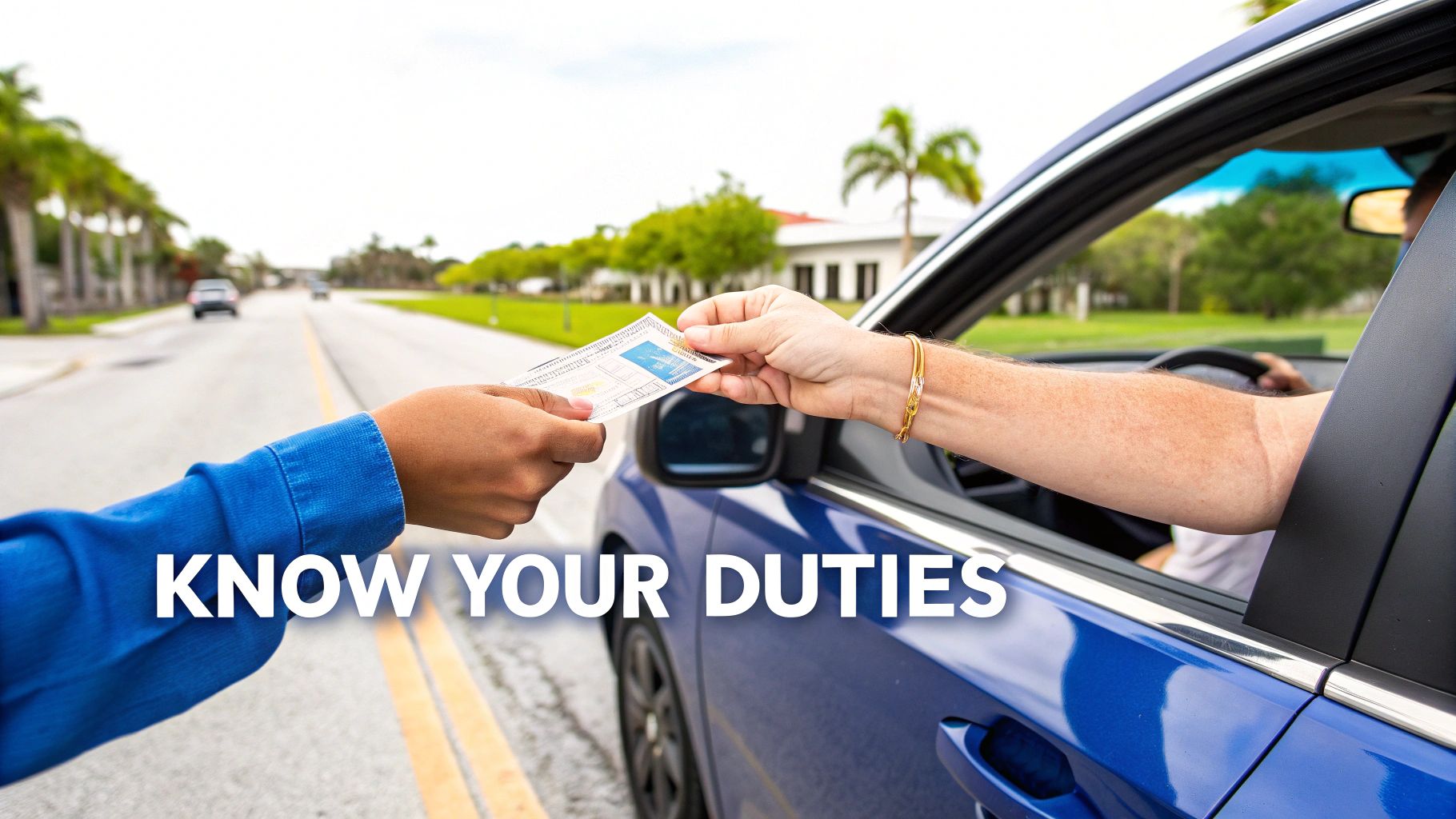Two hands exchanging a document at a car window on a road with palm trees, text 'KNOW YOUR DUTIES'.