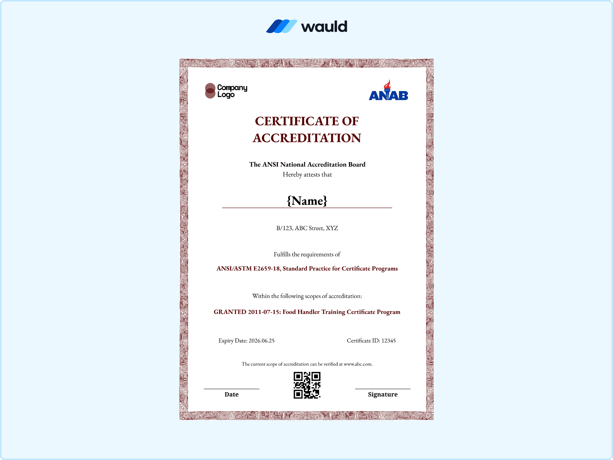 Soft pink bordered certificate of accreditation template with recipient name field, accrediting board details, standard practice reference, granted scope, certificate ID, expiry date, QR code, and signature line