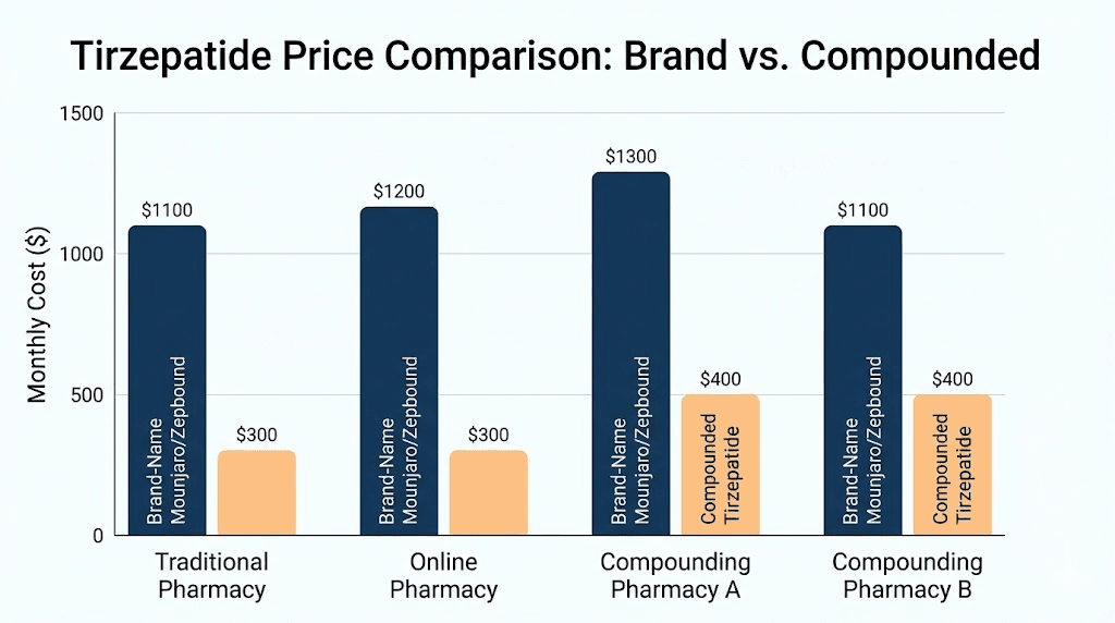 Compounded tirzepatide cost comparison chart for Southend Pharmacy and alternatives