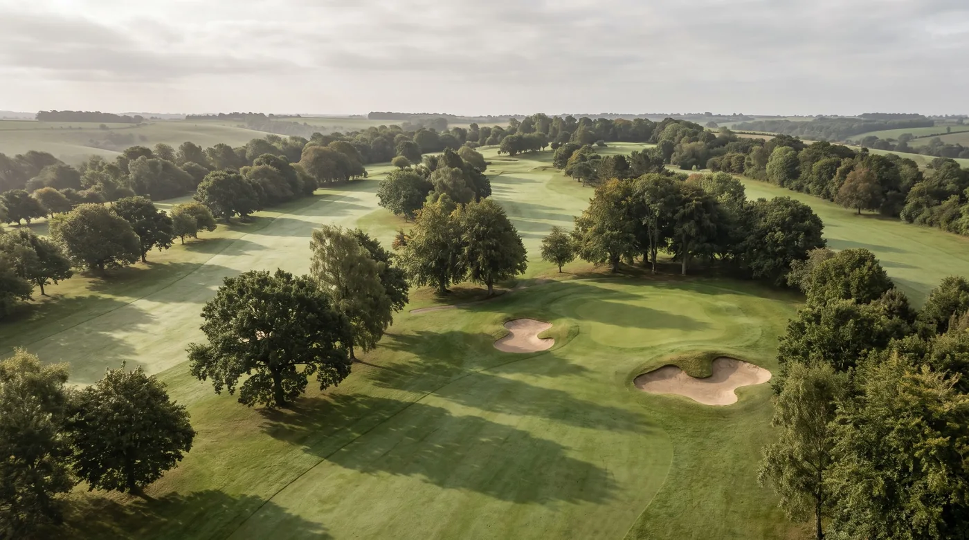A golf course on rolling downs, seen from above