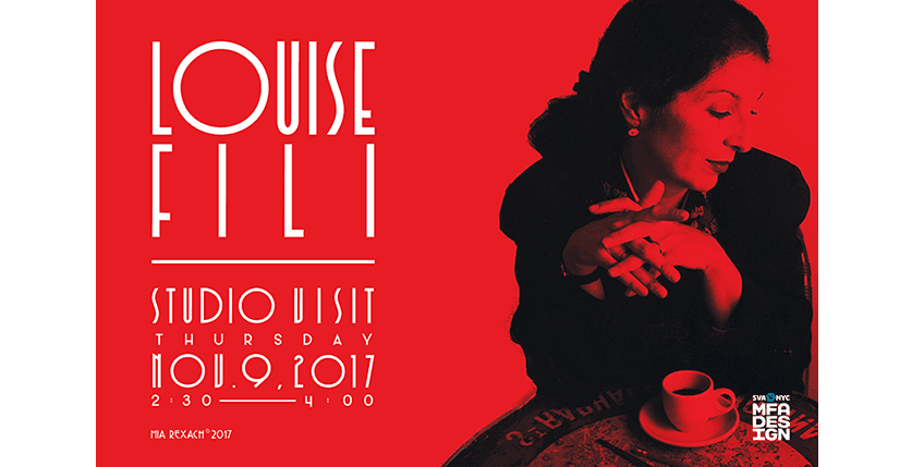 A red, black and white poster with a woman sitting at a coffee table with a coffee cup on a plate. The text on the poster is: Louise Fili Studio Visit. MFA Design SVA NYC logo.