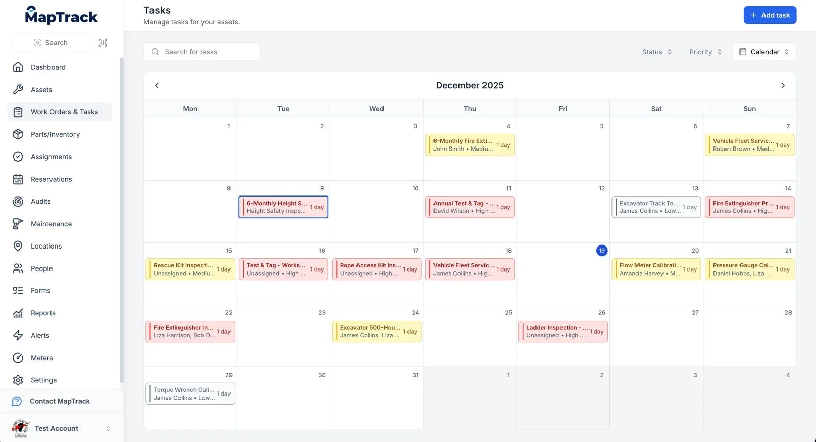 Work order scheduling calendar shown in the MapTrack desktop application.