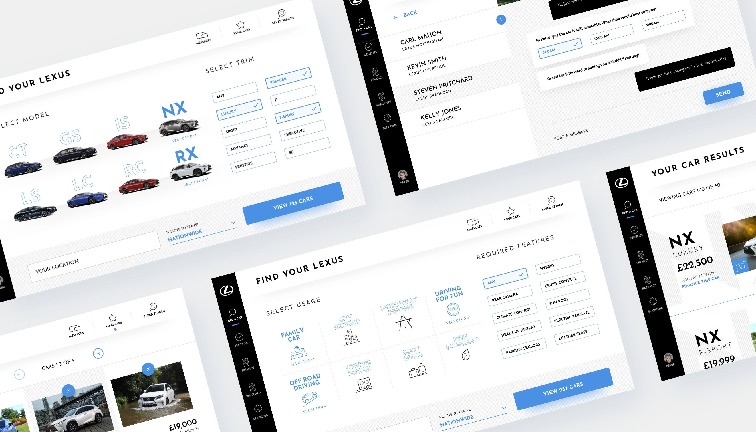 Collage of designs for the different templates for Lexus pre-owned car search website