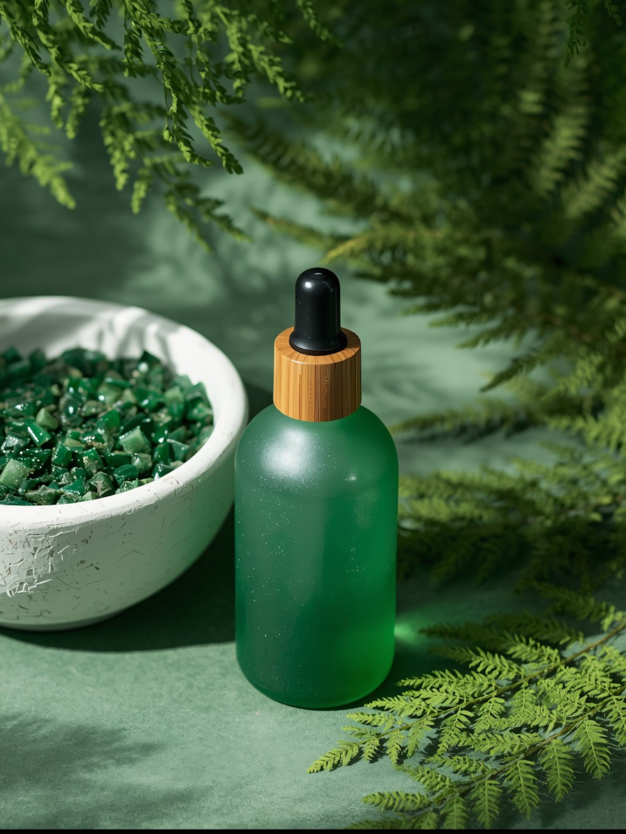 A green frosted glass dropper bottle with a bamboo lid sits beside a bowl of green stones. Surrounded by ferns, the scene conveys a natural, serene vibe.