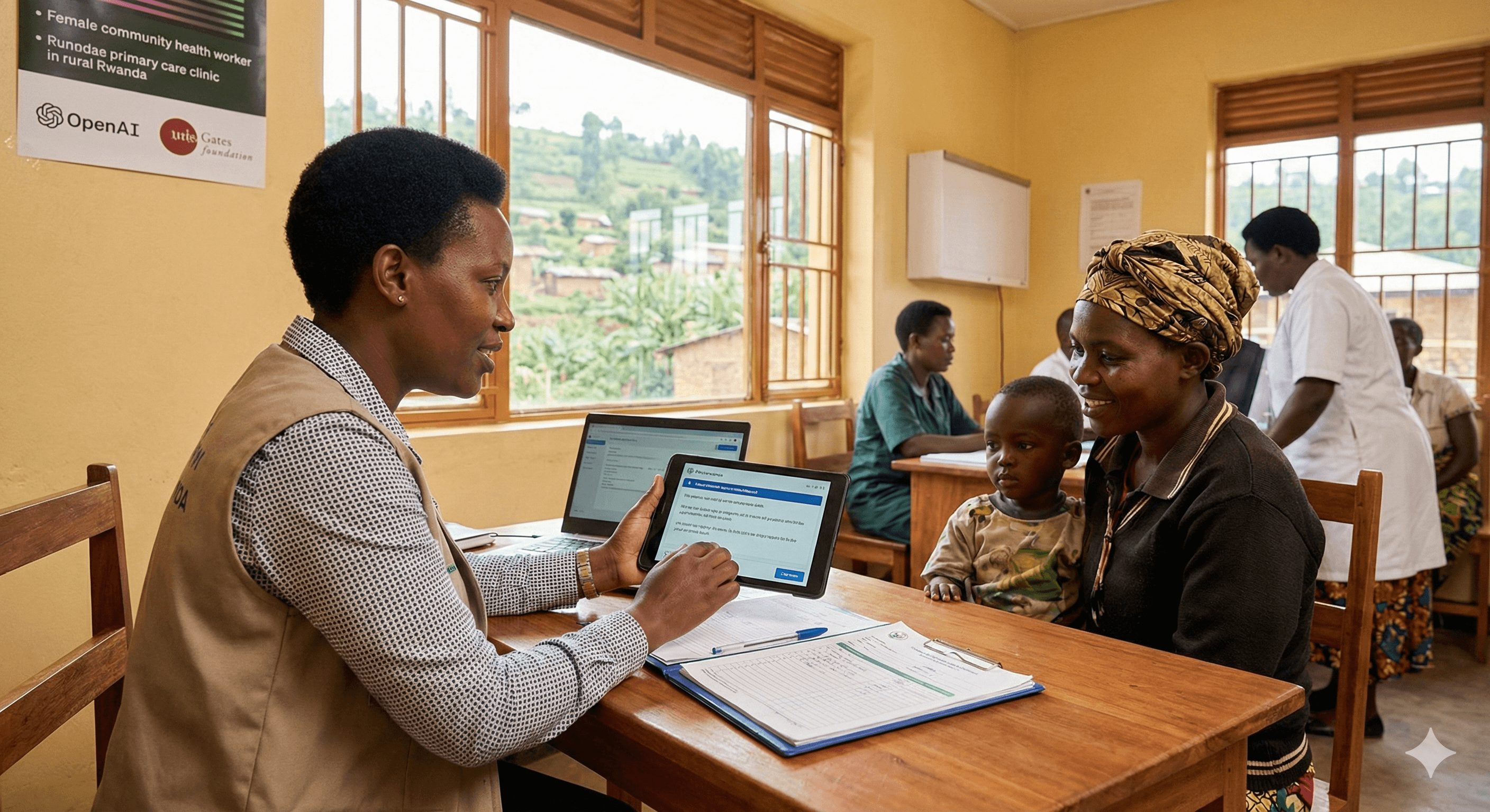 A healthcare professional sits at a desk showing medical information on a tablet to a woman and child at a clinic, illustrating the practical application of AI technology for primary care in a rural African setting.