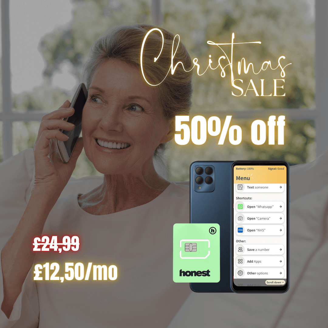 Smartphone with Chatsie menu open and an Honest SIM card graphic displayed beside it.