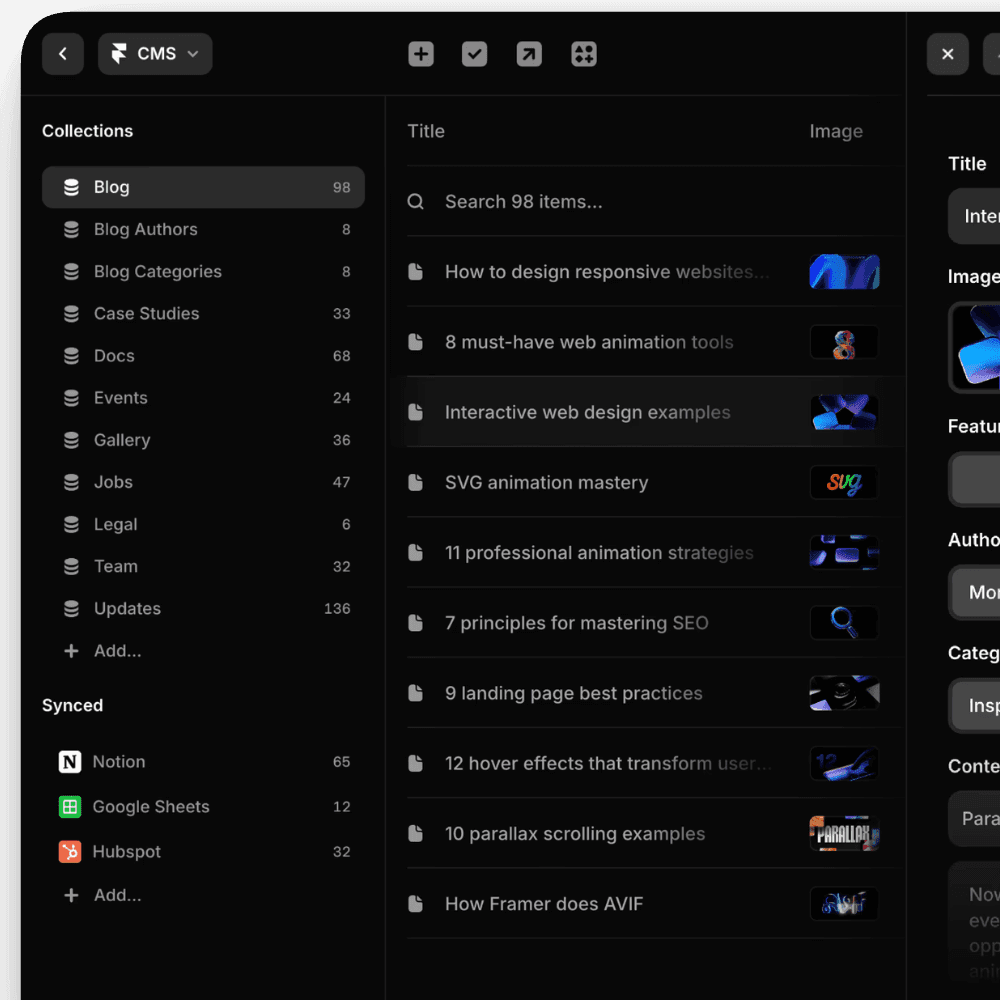 Screenshot des Framer CMS zur Visualisierung von Content-Management und Content-Migration im Rahmen eines Website Relaunches.