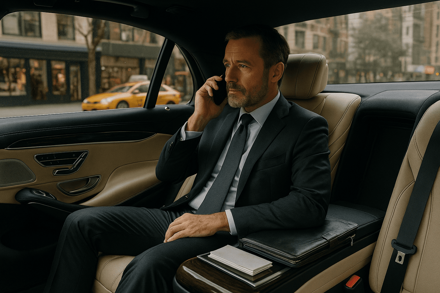 Business professional sitting in the backseat of a luxury vehicle, reading or working during a chauffeured ride.