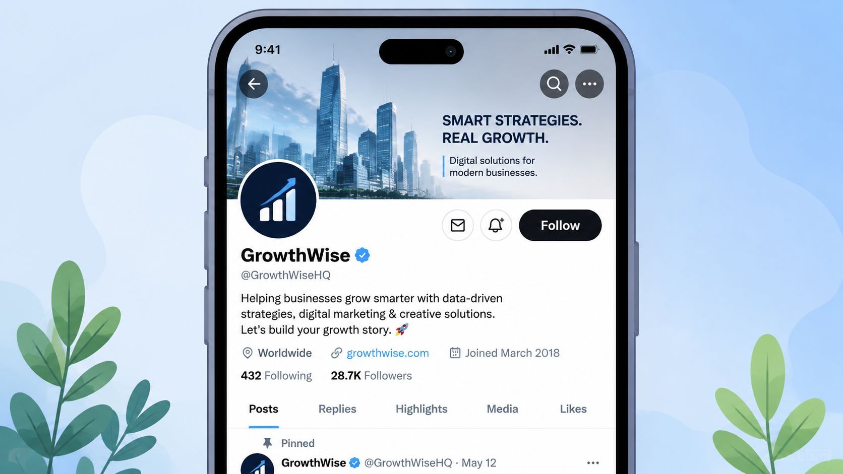 A smartphone screen displaying a professional business Twitter profile for GrowthWise with stats and company information.