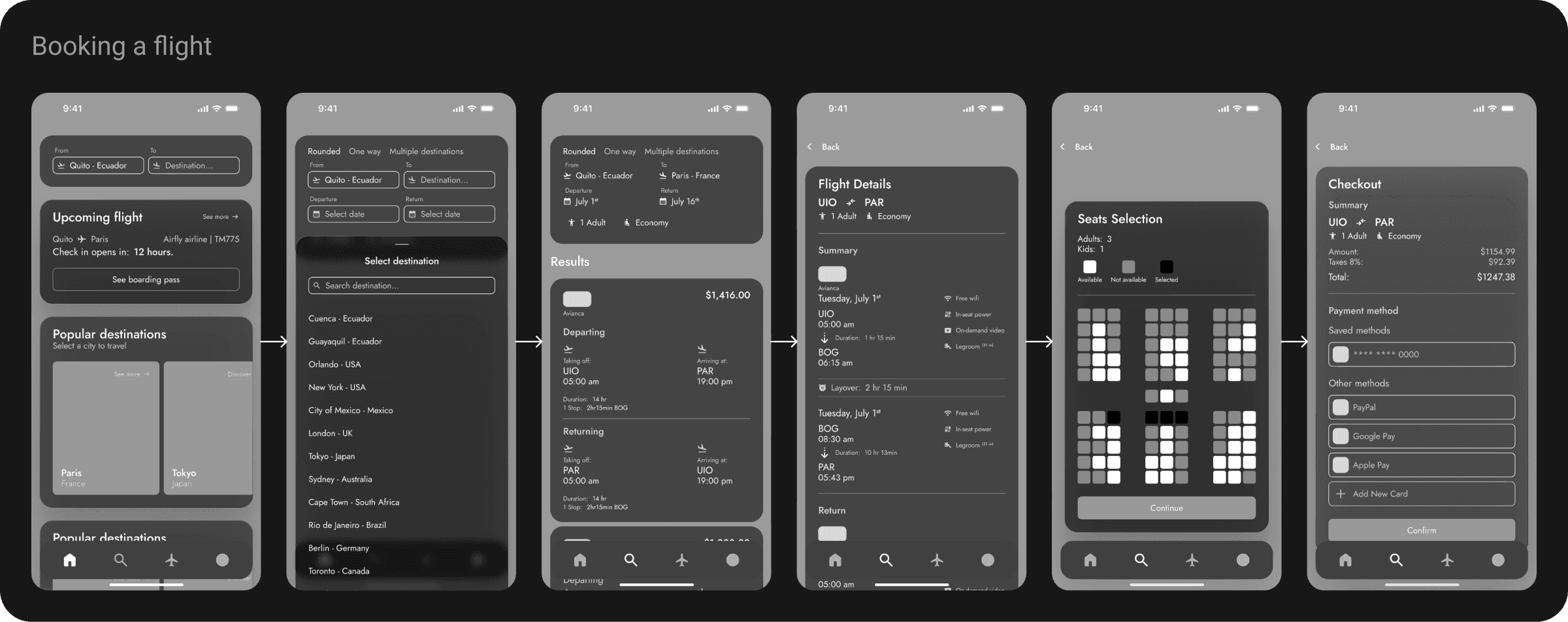 Flight booking flow in a travel app showing search, flight details, seat selection, and checkout screens.