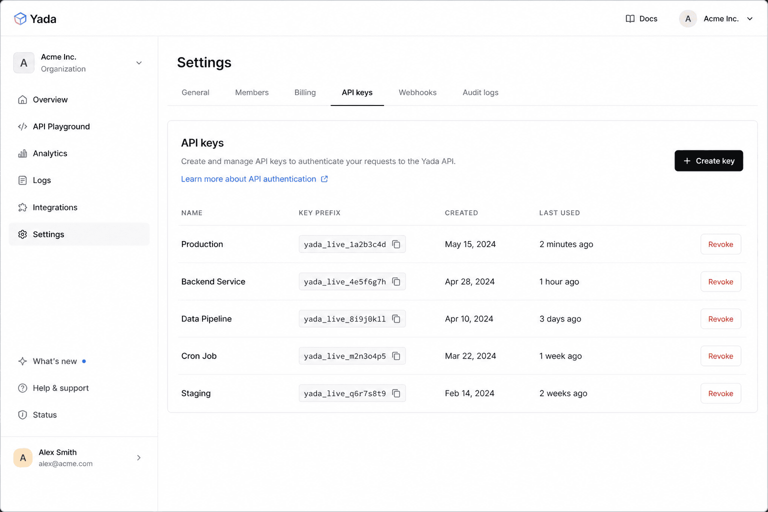 API keys settings with named live keys