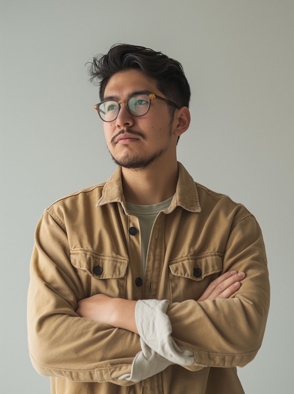 A man with glasses and a brown shirt, crossing his arms.