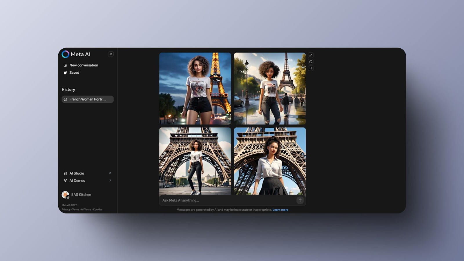 snapshot of Meta AI tool generating four photorealistic images of a young French woman near the Eiffel Tower under different lighting conditions