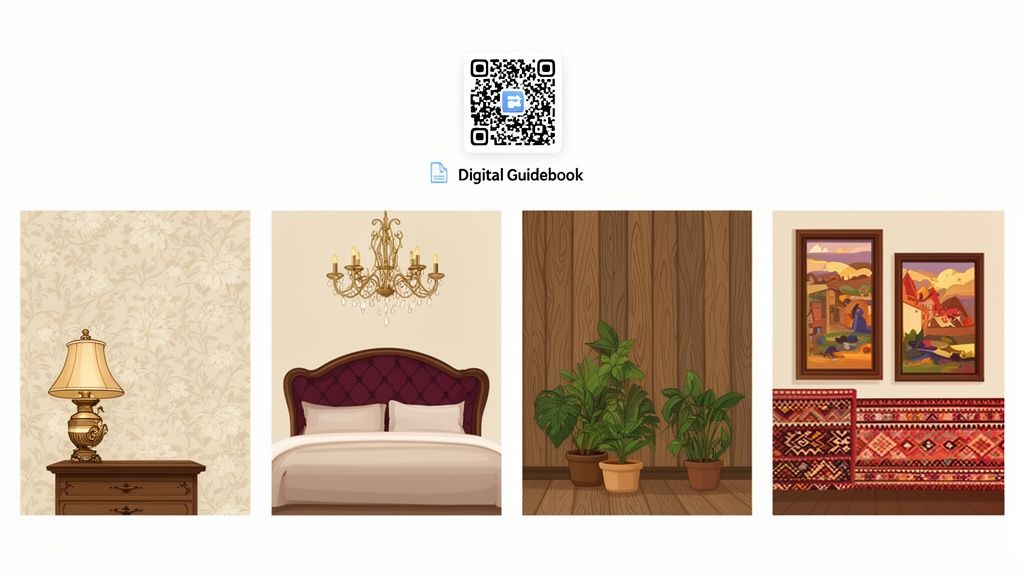 A white background with a QR code for a digital guidebook, alongside four images displaying various interior home decor elements.