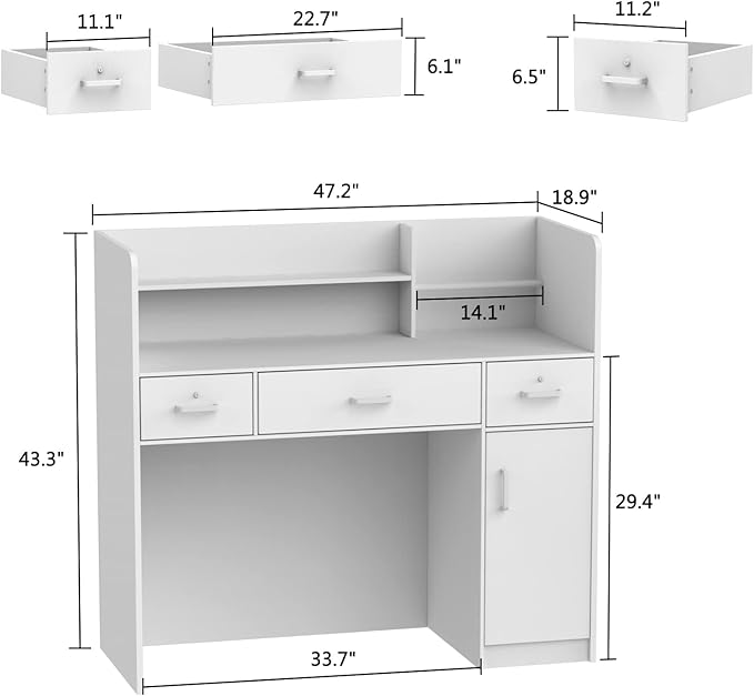 The black reception desk offers a sleek and contemporary look, ideal for productivity.