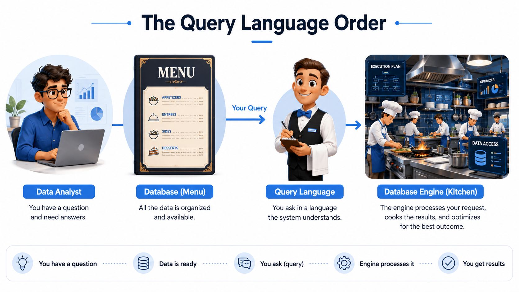 An infographic illustrating how database query languages work by comparing the process to a restaurant workflow.