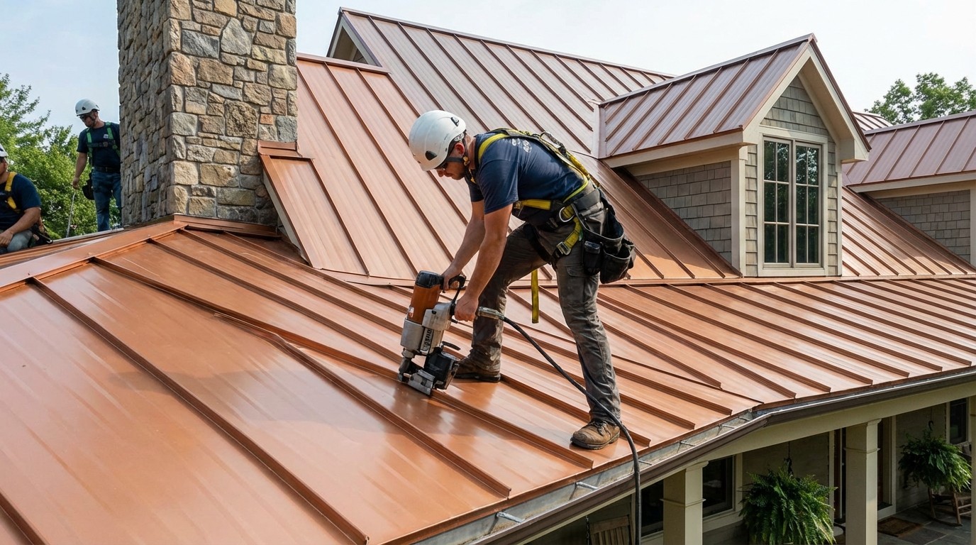 Standing seam metal roof installation showing professional roofer with seaming tool