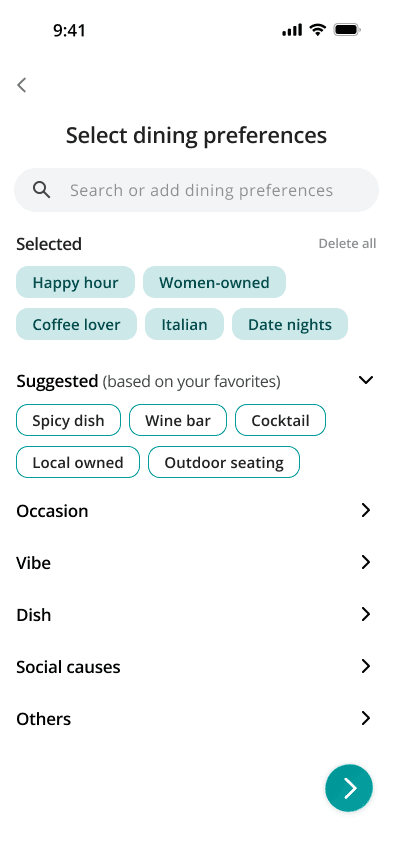 After: collapsible categories with pinned selections