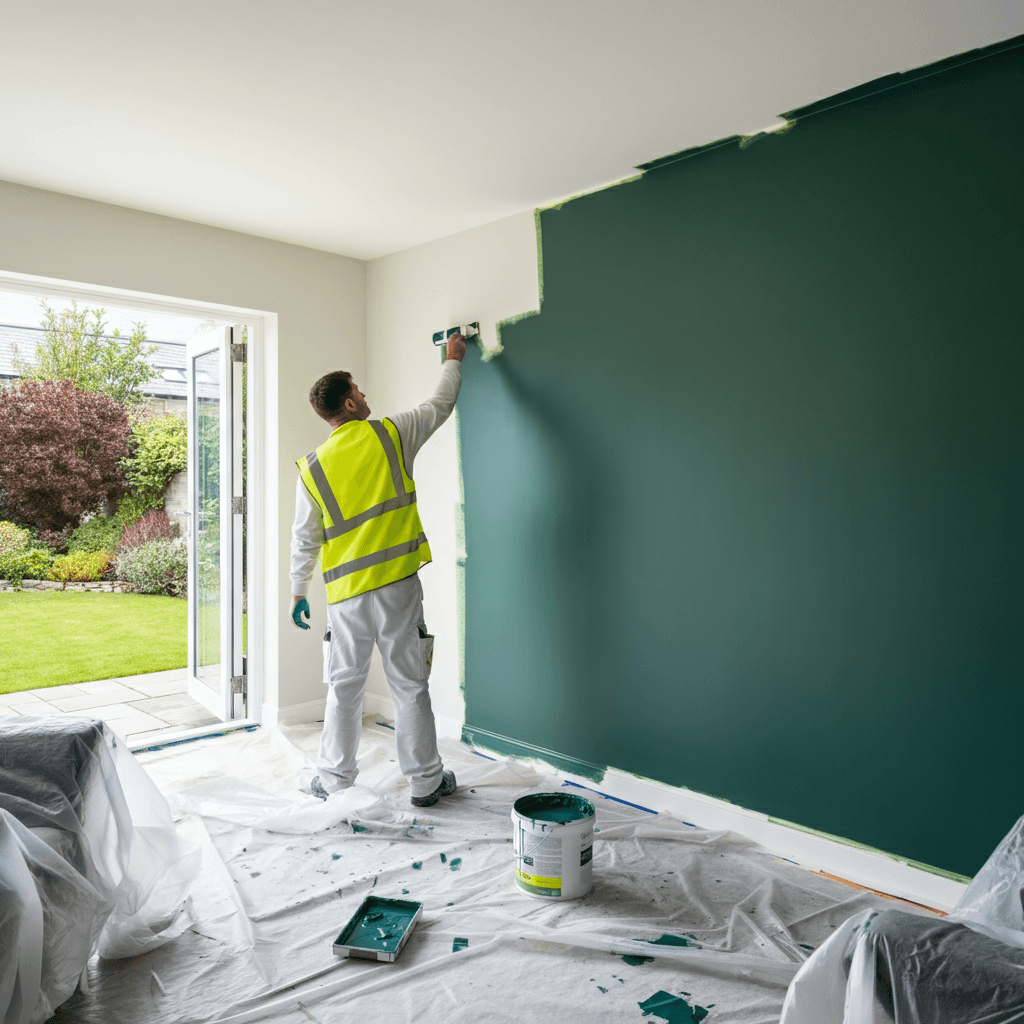 A photorealistic, 1:1 square image of the interior of a bright, modern Irish home. A professional painter, wearing a white uniform and a yellow high-visibility vest, is meticulously painting a feature wall in a living room. There is painting cover matts on the floor and covers for the furniture (the ones that avoid paint spillage). The room is flooded with soft, natural light from a large window that looks out onto a lush green garden. The focus is on the clean application of a rich, deep green paint, creating a strong contrast with the adjacent off-white walls. 