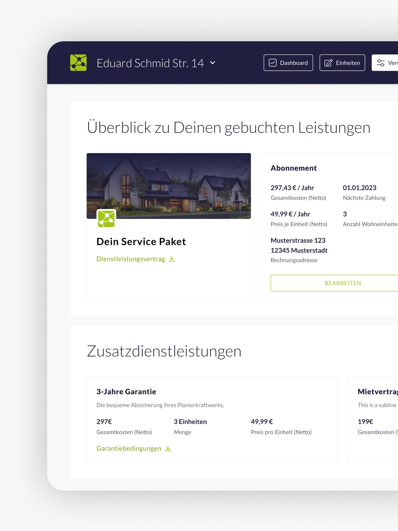 Dashboard-Ansicht einer Energieverwaltungsplattform mit gebuchten Leistungen, Abonnements und Zusatzservices.