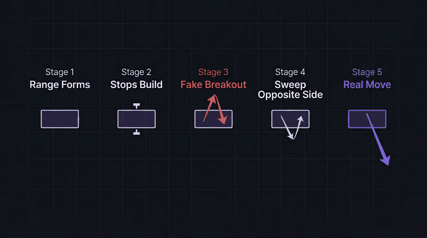 Diagram showing the five stages of a consolidation trap from range formation to real breakout