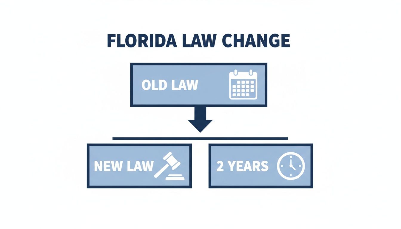 Infographic illustrating Florida statute of limitations changing from old law to new law with a two-year limit.