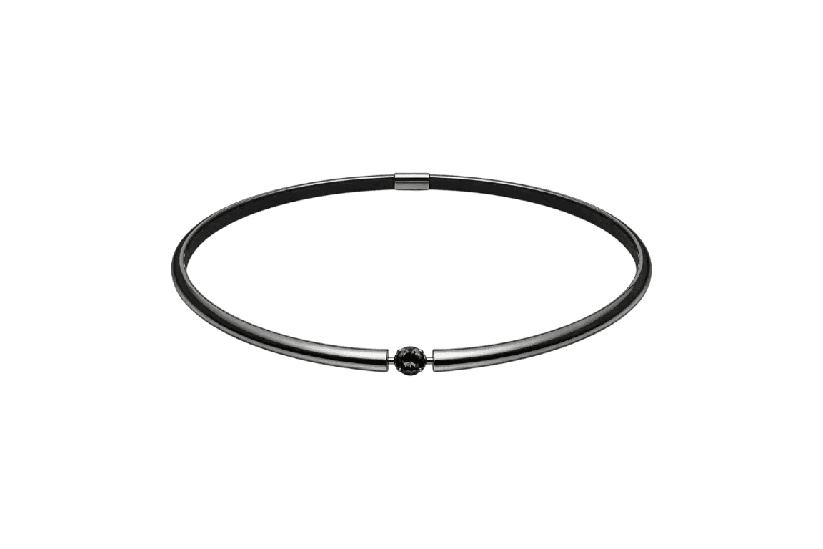 Black choker necklace with a small black bead on a white background