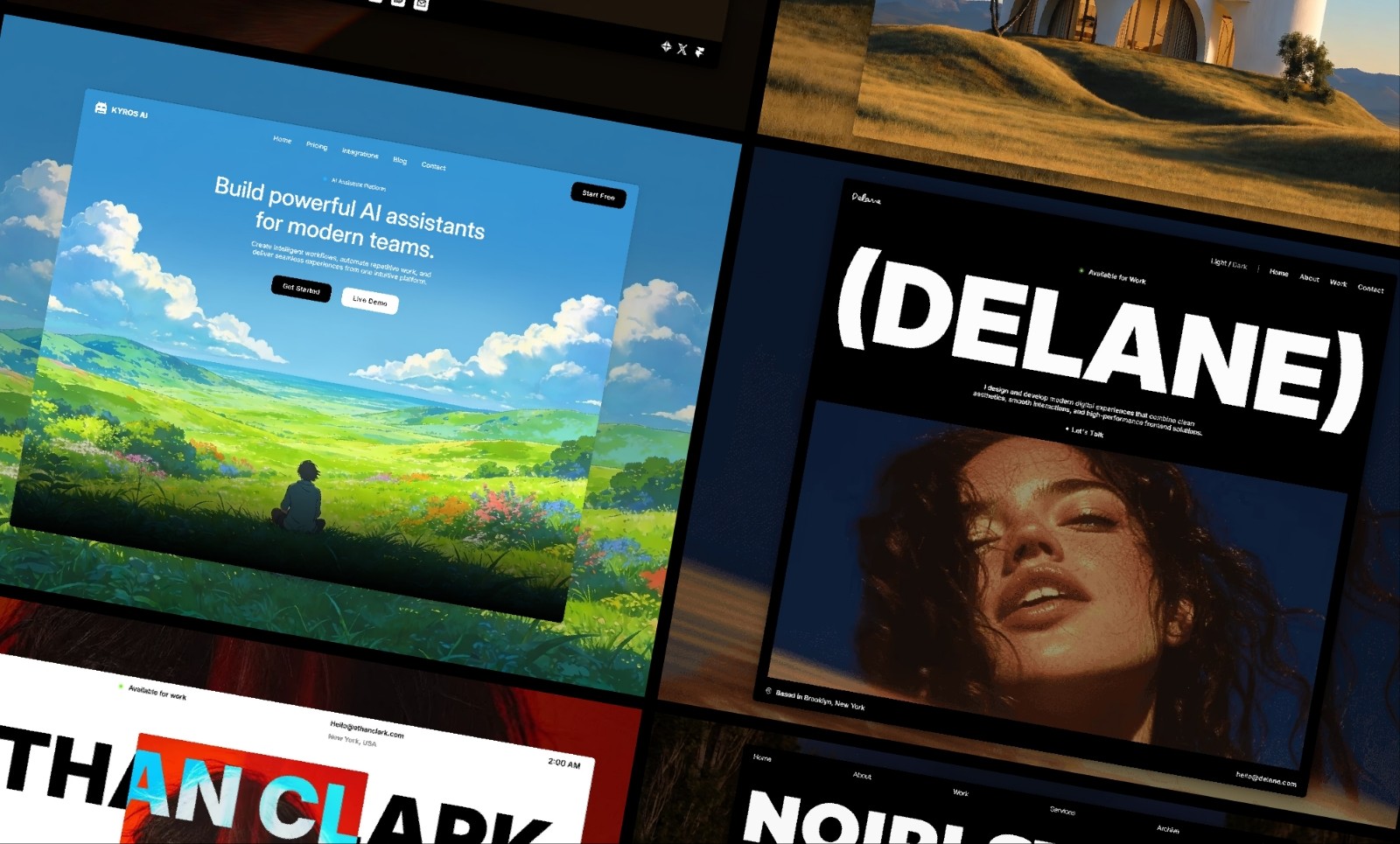 Visual collage showcasing modern Framer templates and web layouts featuring bold typography, clean editorial design, and responsive sections.