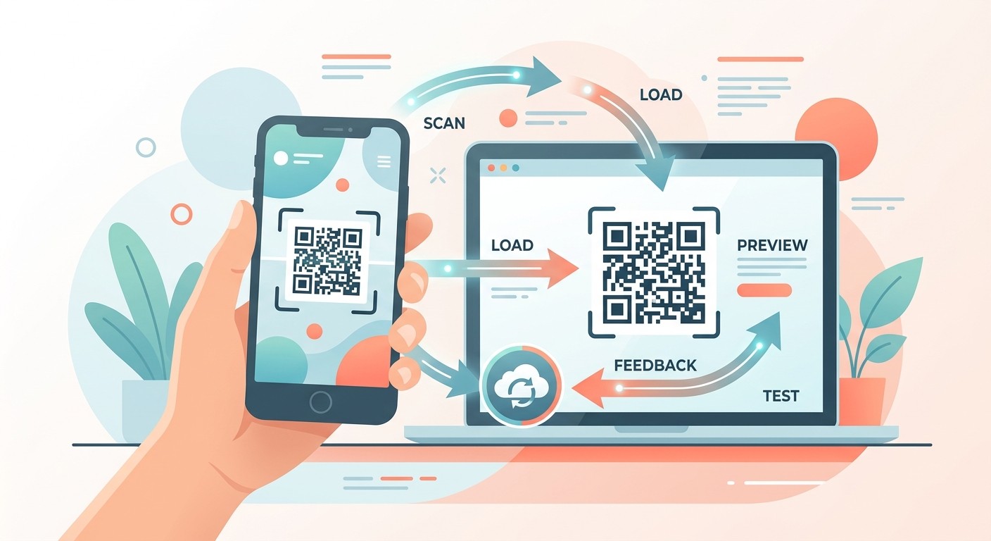 Scanning a QR code to preview your app live on a real phone in a build, preview, test, and refine loop.