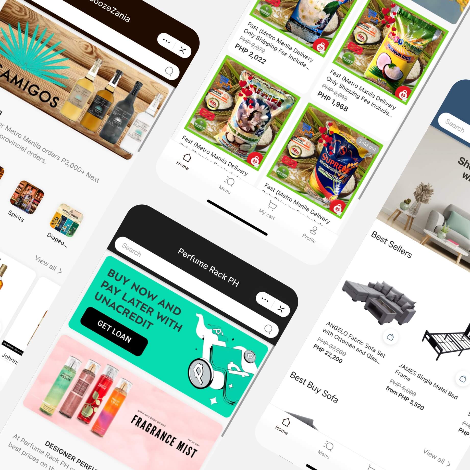 Screenshots of different storefronts inside GCash Super App