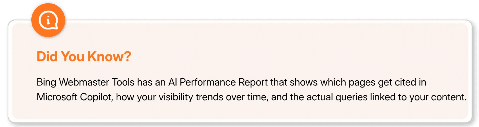 Bing Webmaster Tools AI Performance Report tip box about Microsoft Copilot visibility.