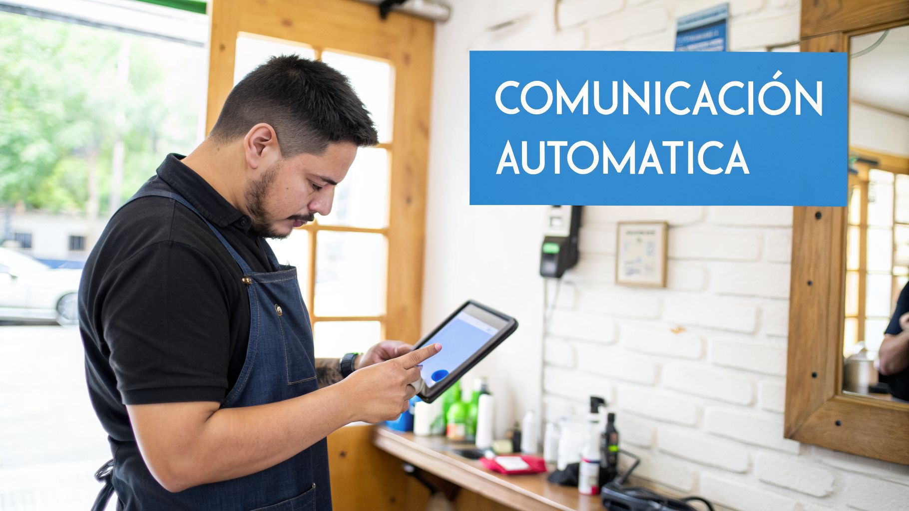 Barbero usando una tableta para gestión digital en un salón, enfatizando la comunicación automática.