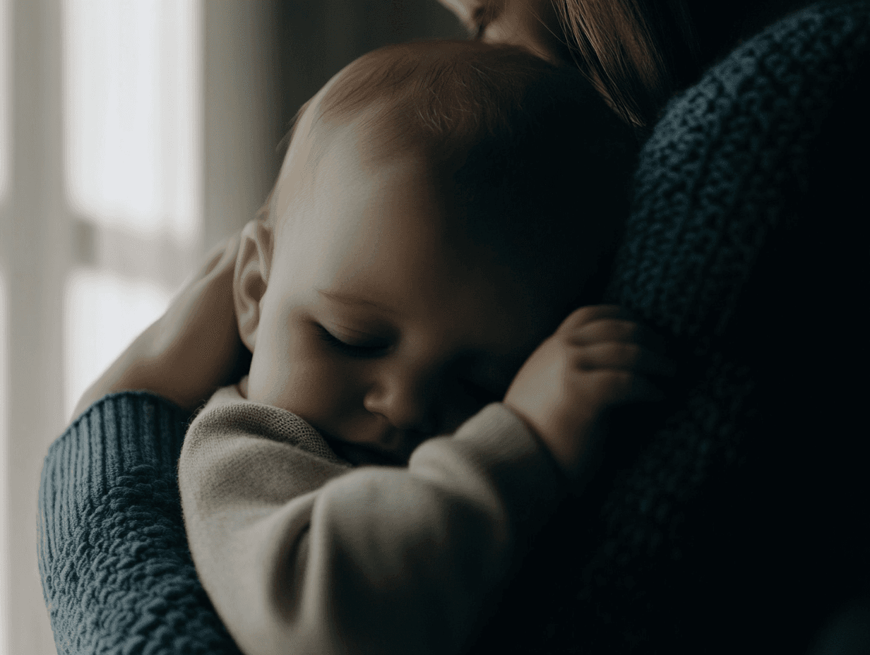 baby cuddling mom