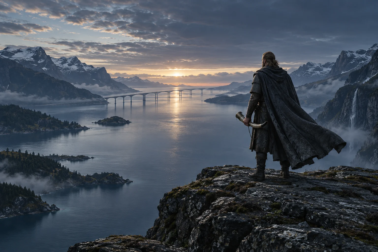 Heimdall: the watchful guardian with Gjallarhorn overlooking the bridge, symbolizing risk oversight.