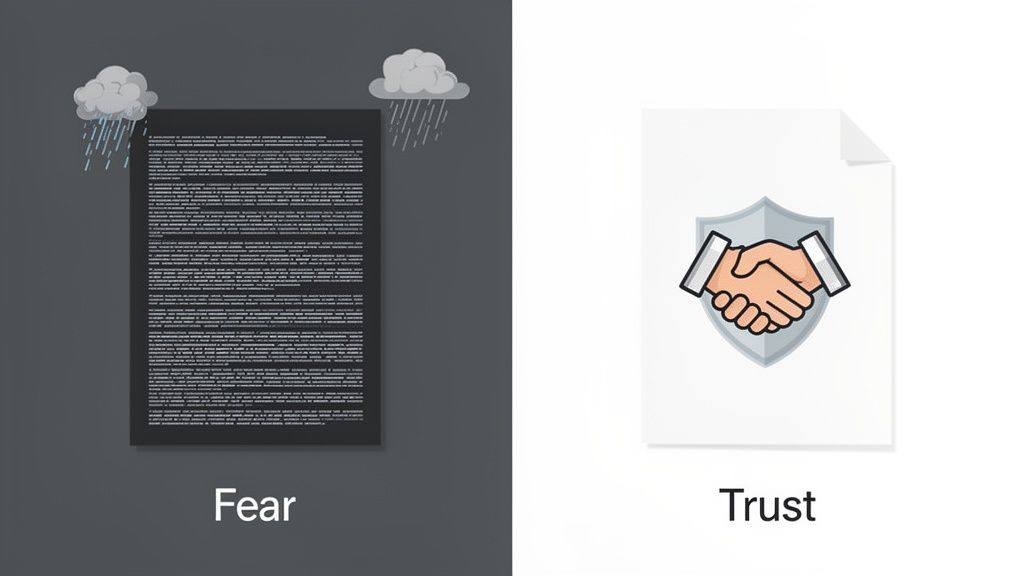 Visualizing the contrast between fear (complex document with rain) and trust (clear document with handshake shield).