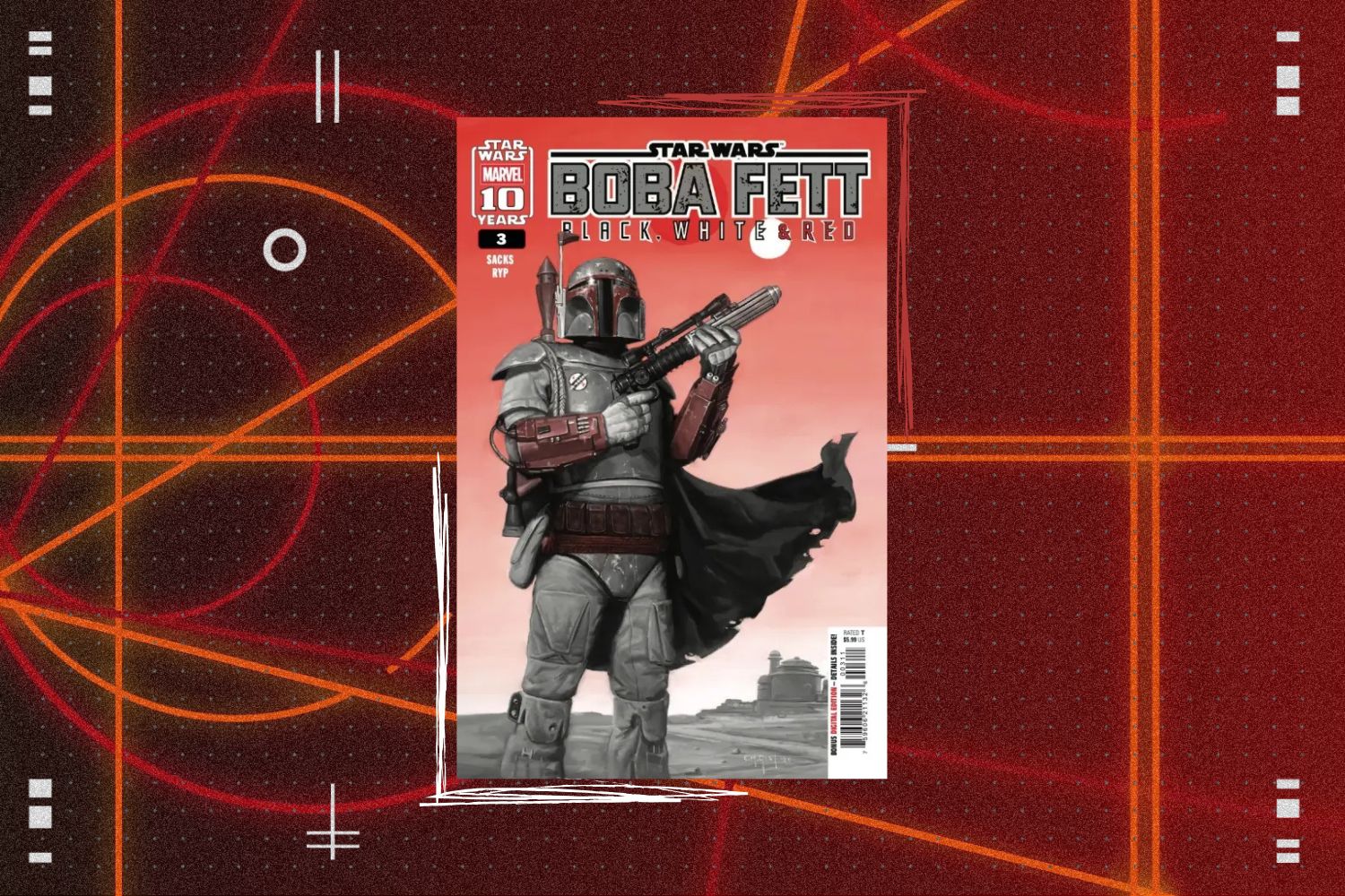 Cover for Star Wars: Boba Fett - Black, White, & Red #3 featuring Boba Fett holding his blaster with his cape blowing in the wind. The cover is in front of a red geometric background